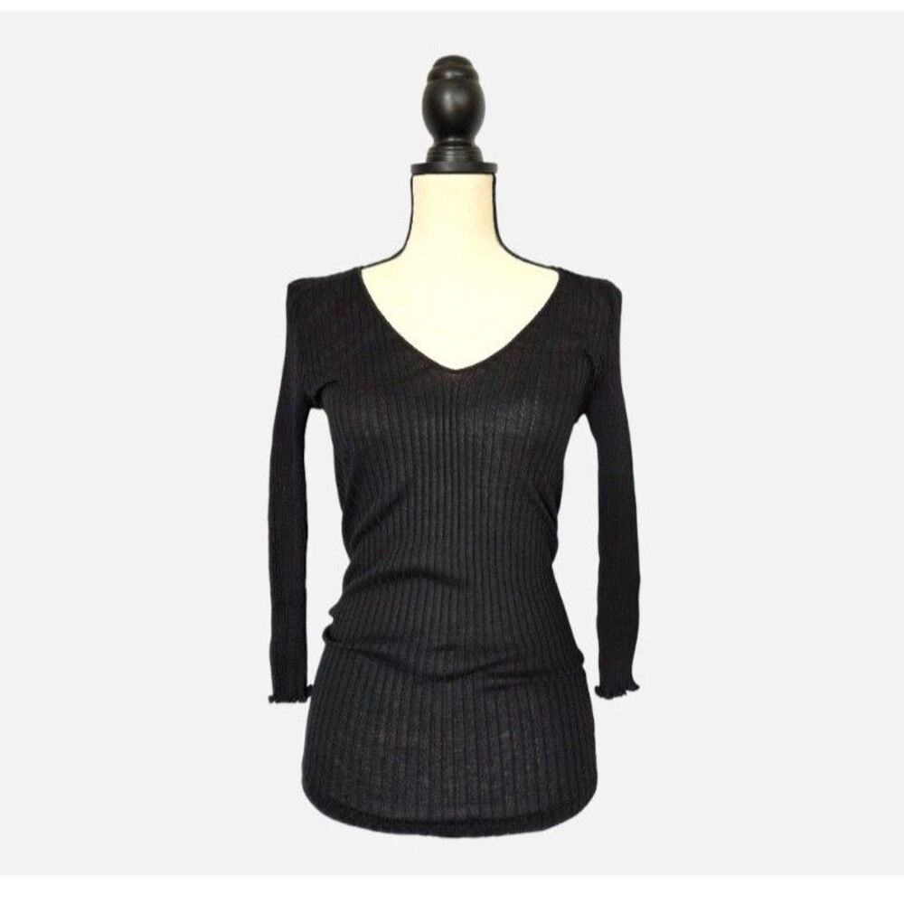 Intimissimi Silk/Cotton Knit BLK Ribbed Lettuce Edge V-Neck Top NWT Sz L